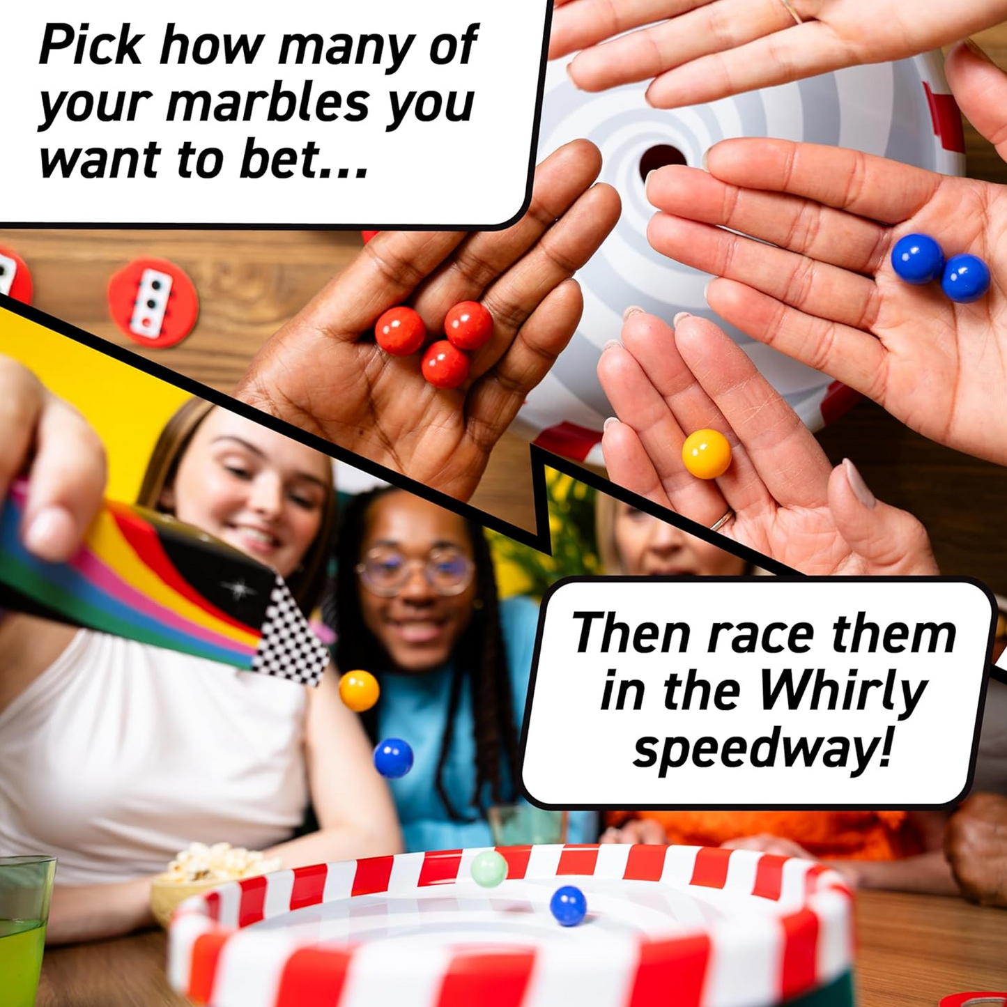 Whirly Derby Marble Racing Board Game How to Play Infographic | Happy Piranha