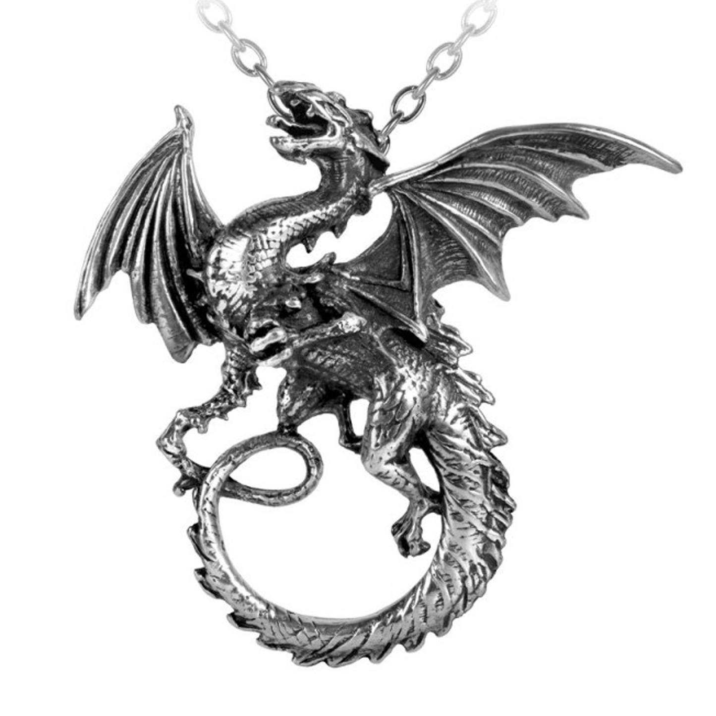The Whitby Wyrm - Pewter Dragon Design Pendant Necklace - Close up of the Dragon Pendant on a White Background | Happy Piranha