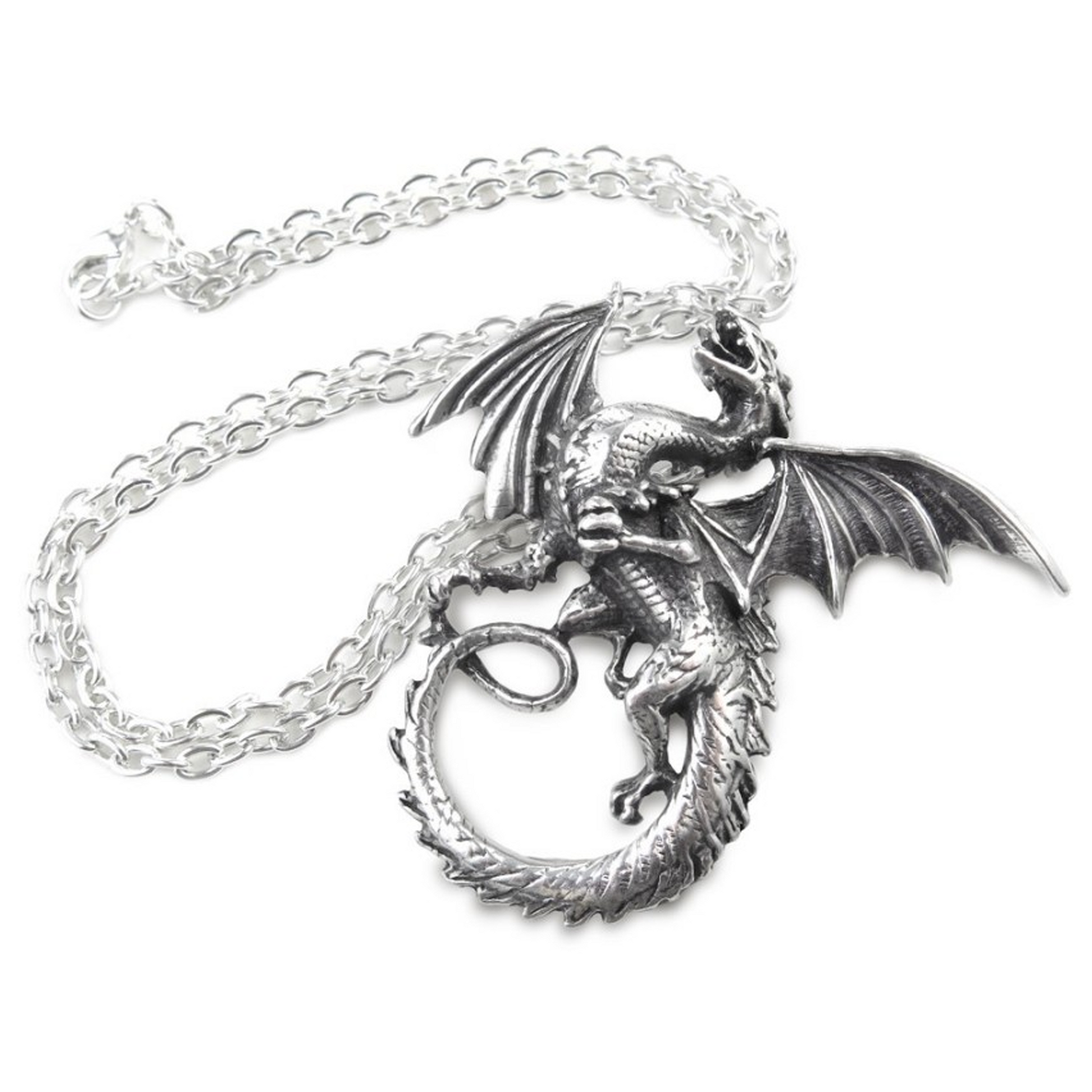 The Whitby Wyrm - Pewter Dragon Design Pendant Necklace and Chain on a White Background | Happy Piranha