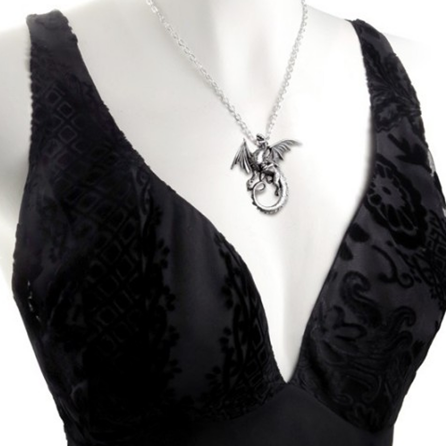 The Whitby Wyrm - Pewter Dragon Design Pendant Necklace around the Neck of a Mannequin Wearing a Black Evening Dress| Happy Piranha