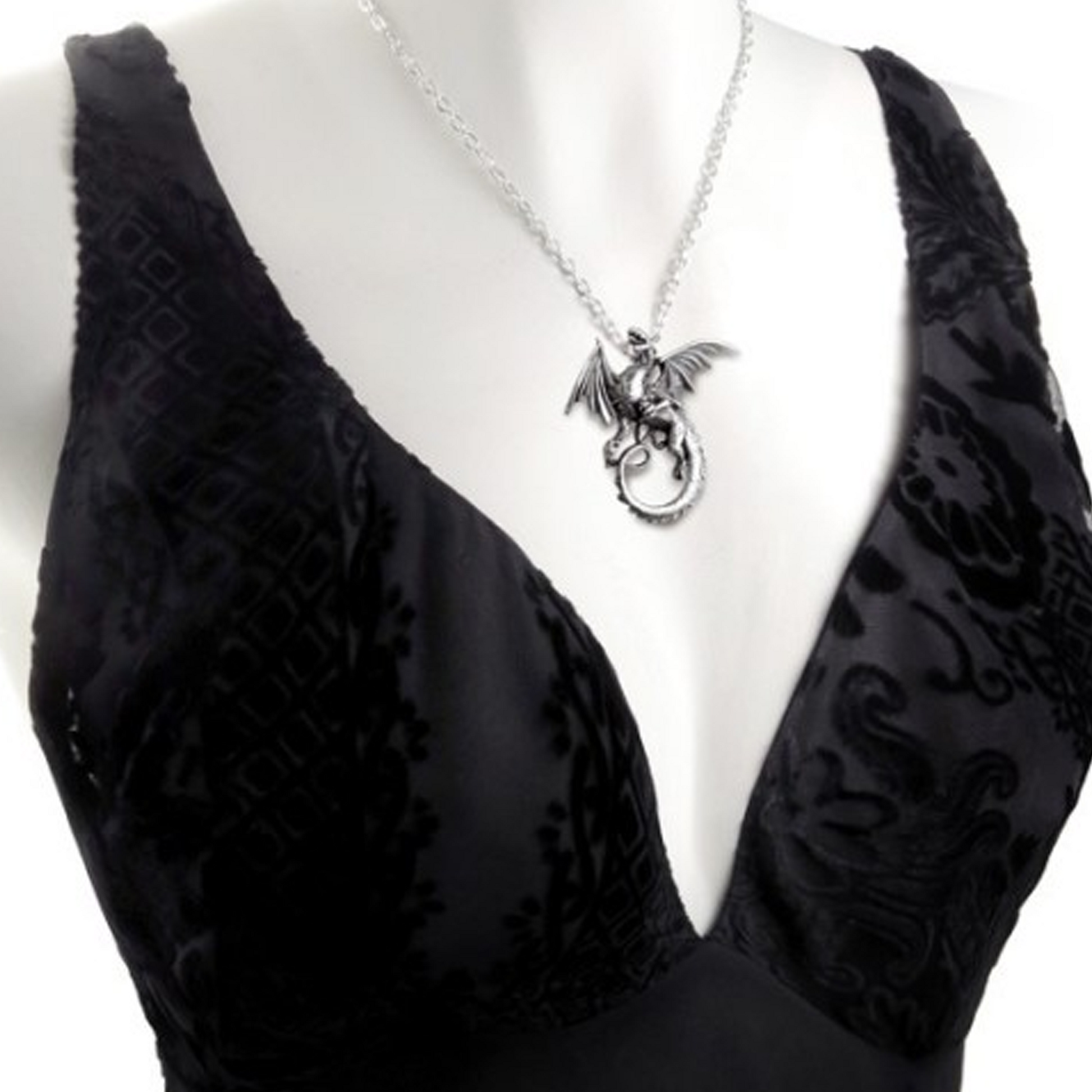 The Whitby Wyrm - Pewter Dragon Design Pendant Necklace around the Neck of a Mannequin Wearing a Black Evening Dress| Happy Piranha