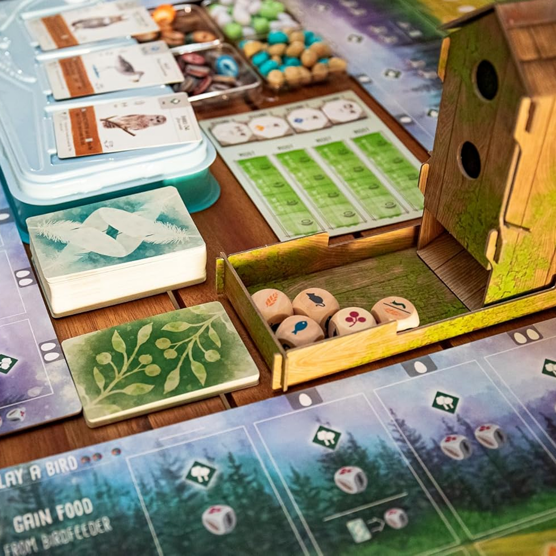 Wingspan Board Game Components Close Up Including the Birdfeeder Dice Tower | Happy Piranha