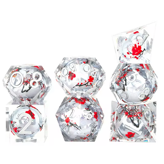 Winter Blossom: Liquid Core Glitter Filled Cherry Blossom Polyhedral Dice Set Stacked in a Pile on a White Background | Happy Piranha