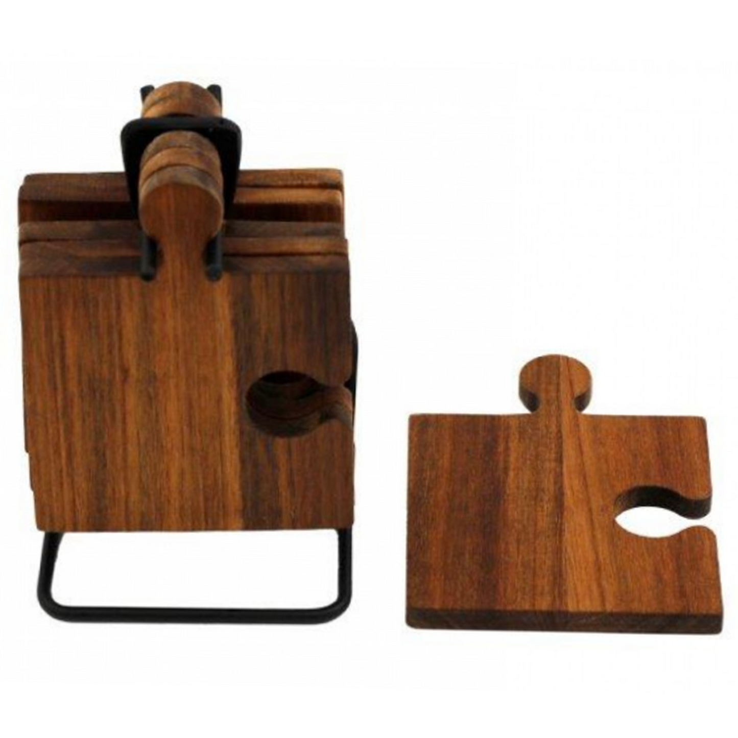 Wooden Puzzle Piece Coasters & Stand on a White Background | Happy Piranha