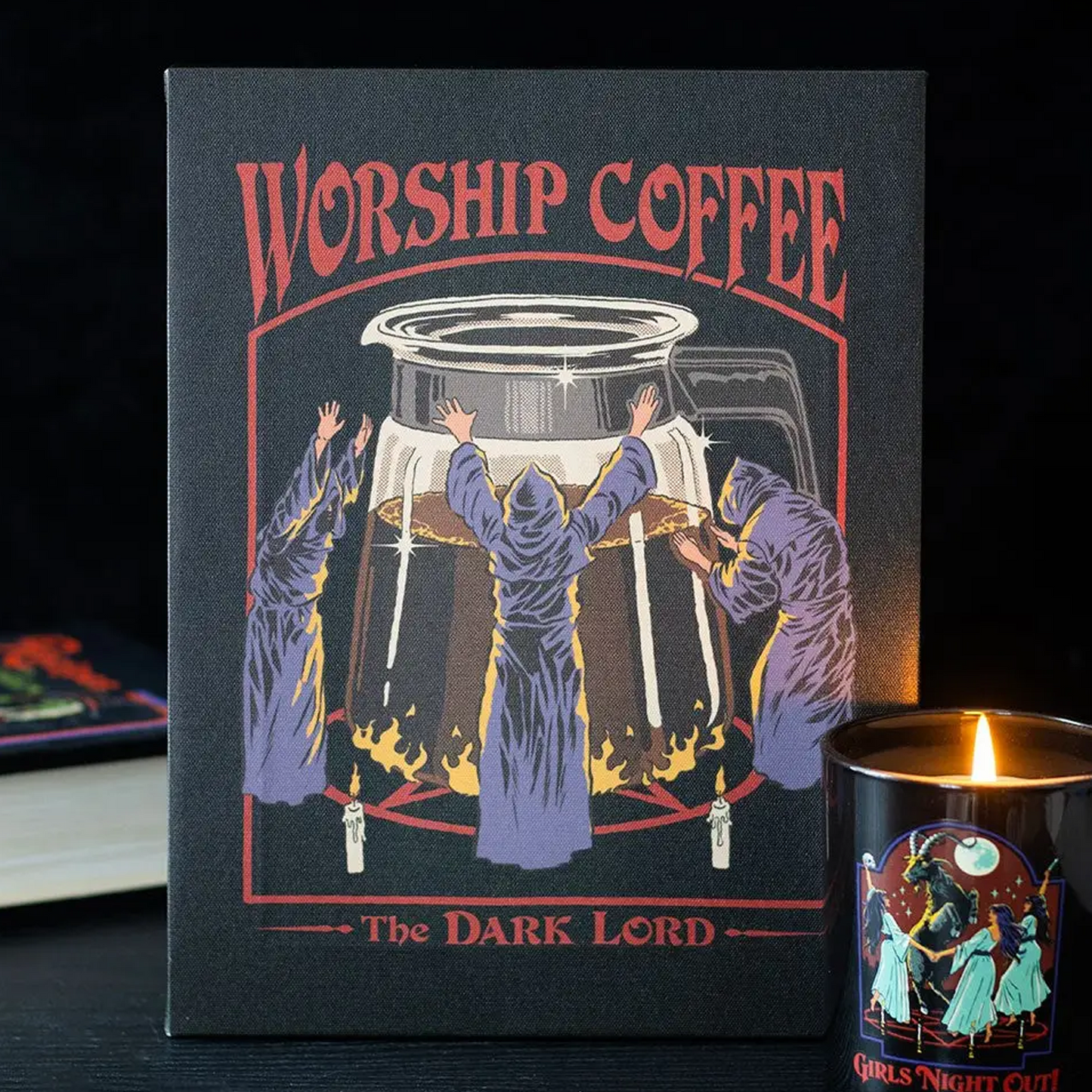 Worship Coffee: Steven Rhodes Licensed Canvas Print On a Dark Background with a Candle Next to it | Happy Piranha