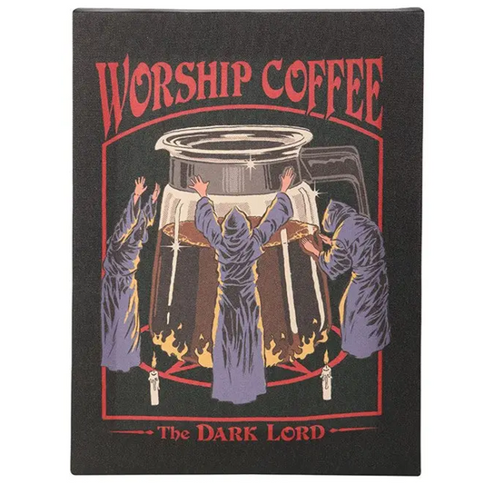 Worship Coffee: Steven Rhodes Licensed Canvas Print (Front) On a White Background | Happy Piranha
