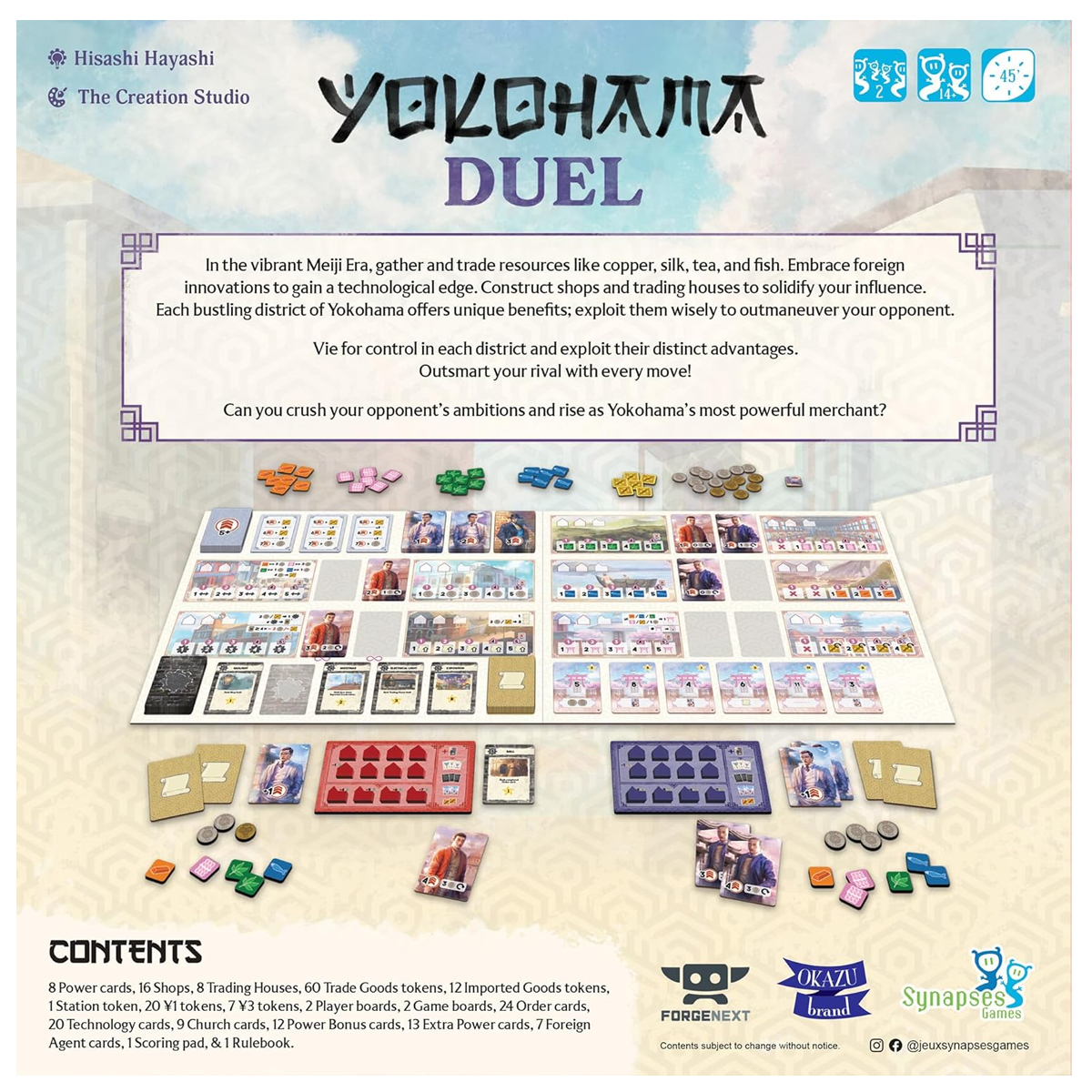 Yokohama Duel Board Game (Back of Box) on a White Background | Happy Piranha
