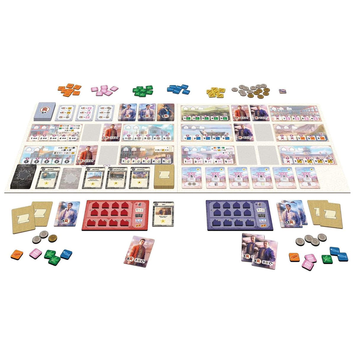 Yokohama Duel Board Game Components Laid Out on a White Background | Happy Piranha