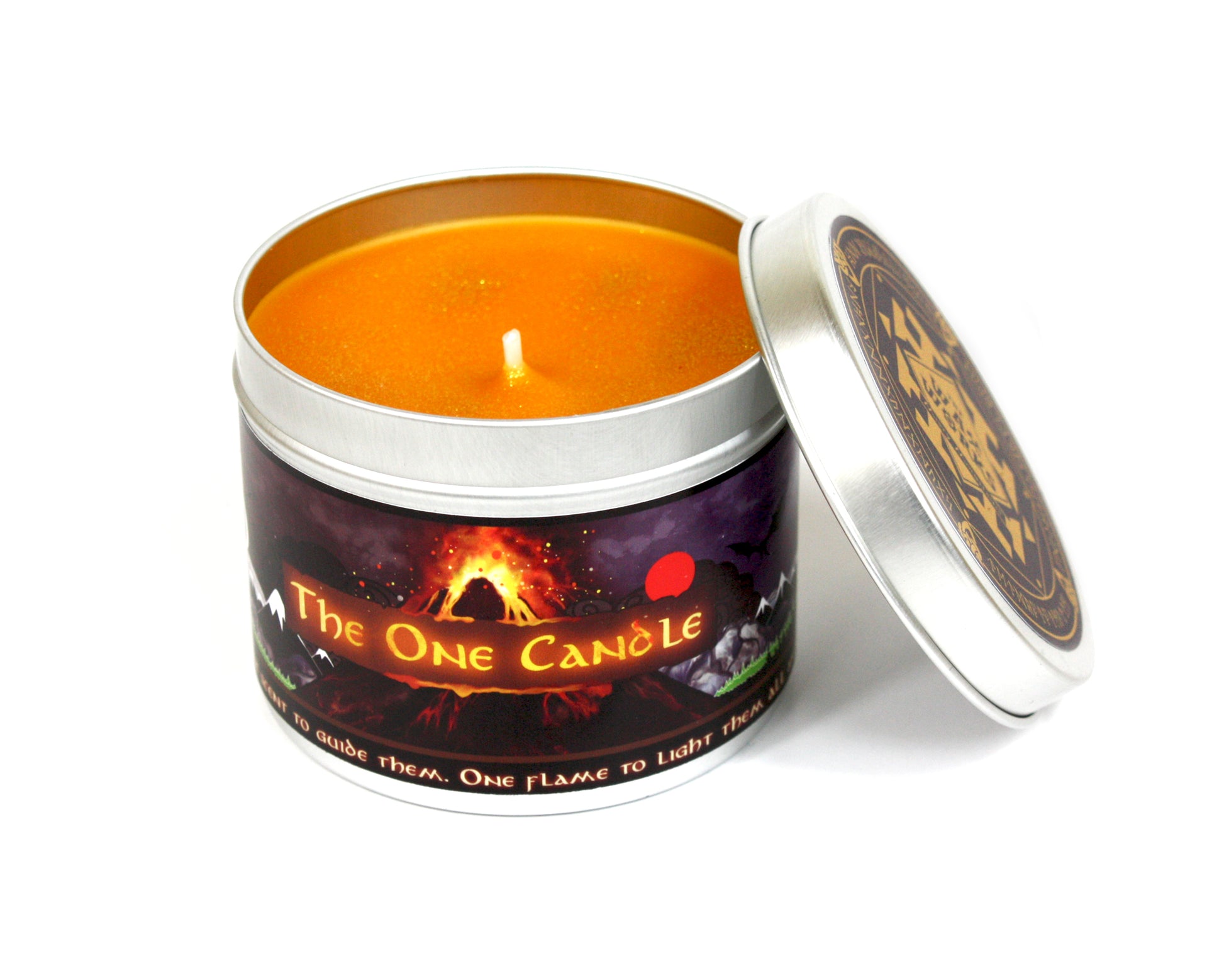 The One Candle with lid off and orange wax