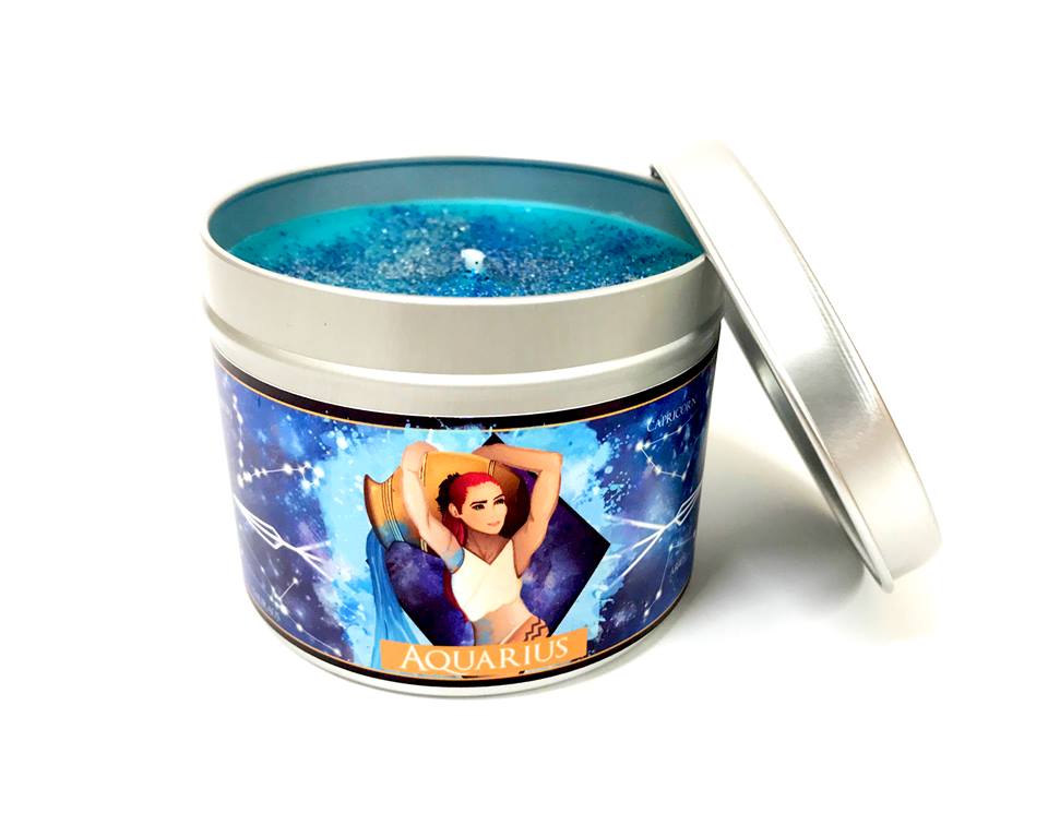 Aquarius zodiac star sign scented candle with lid off by Happy Piranha
