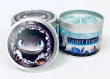 Light Fury dragon inspired candle with lid off and white wax | Happy Piranha