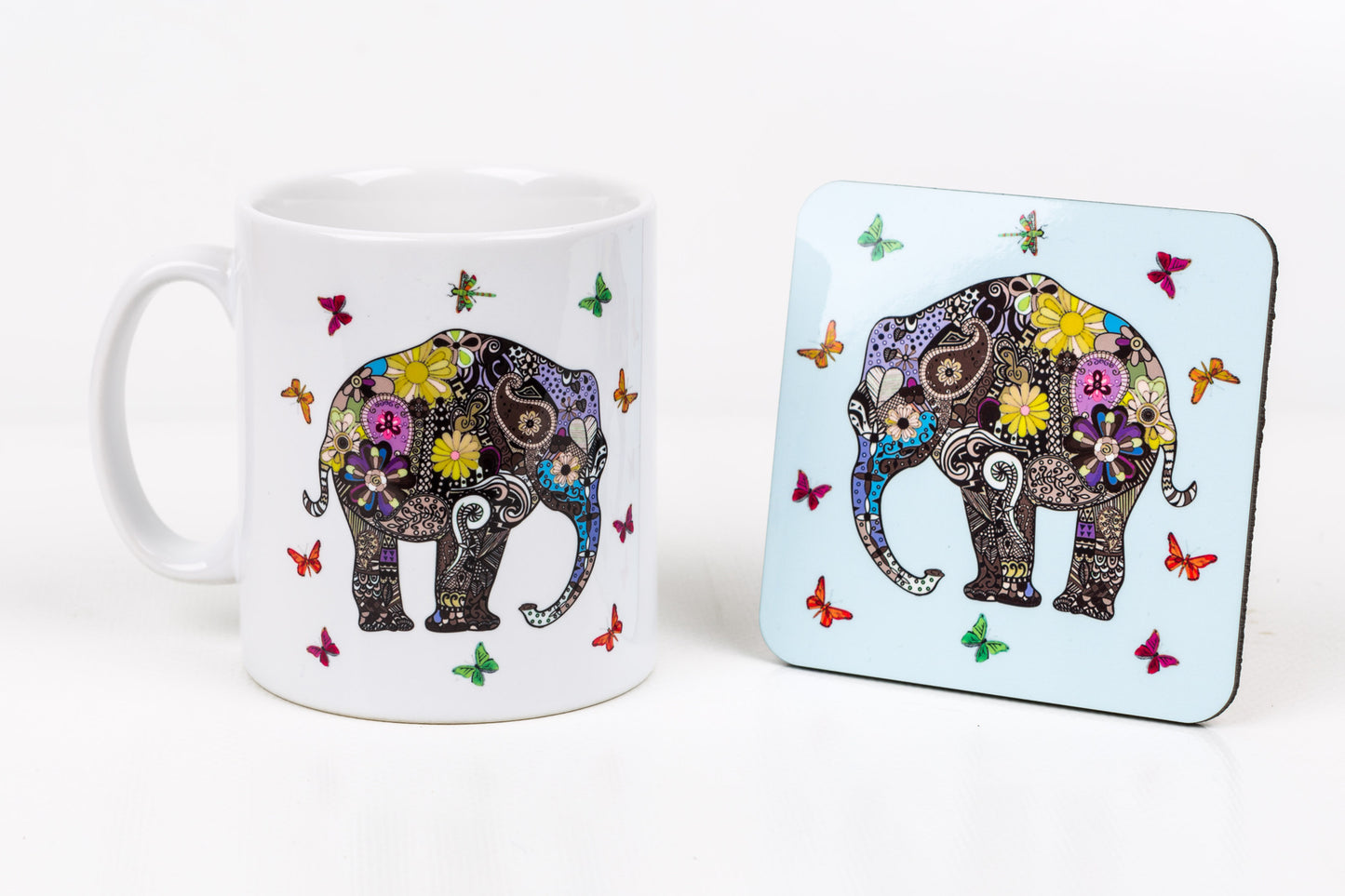 Henna art elephant coffee mug and coaster set by Happy Piranha