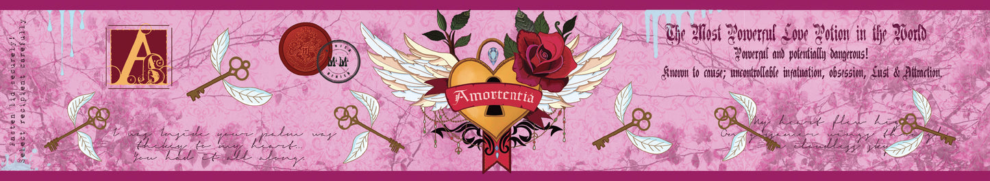 Amortentia, Harry Potter inspired scented candle label design by Happy Piranha.