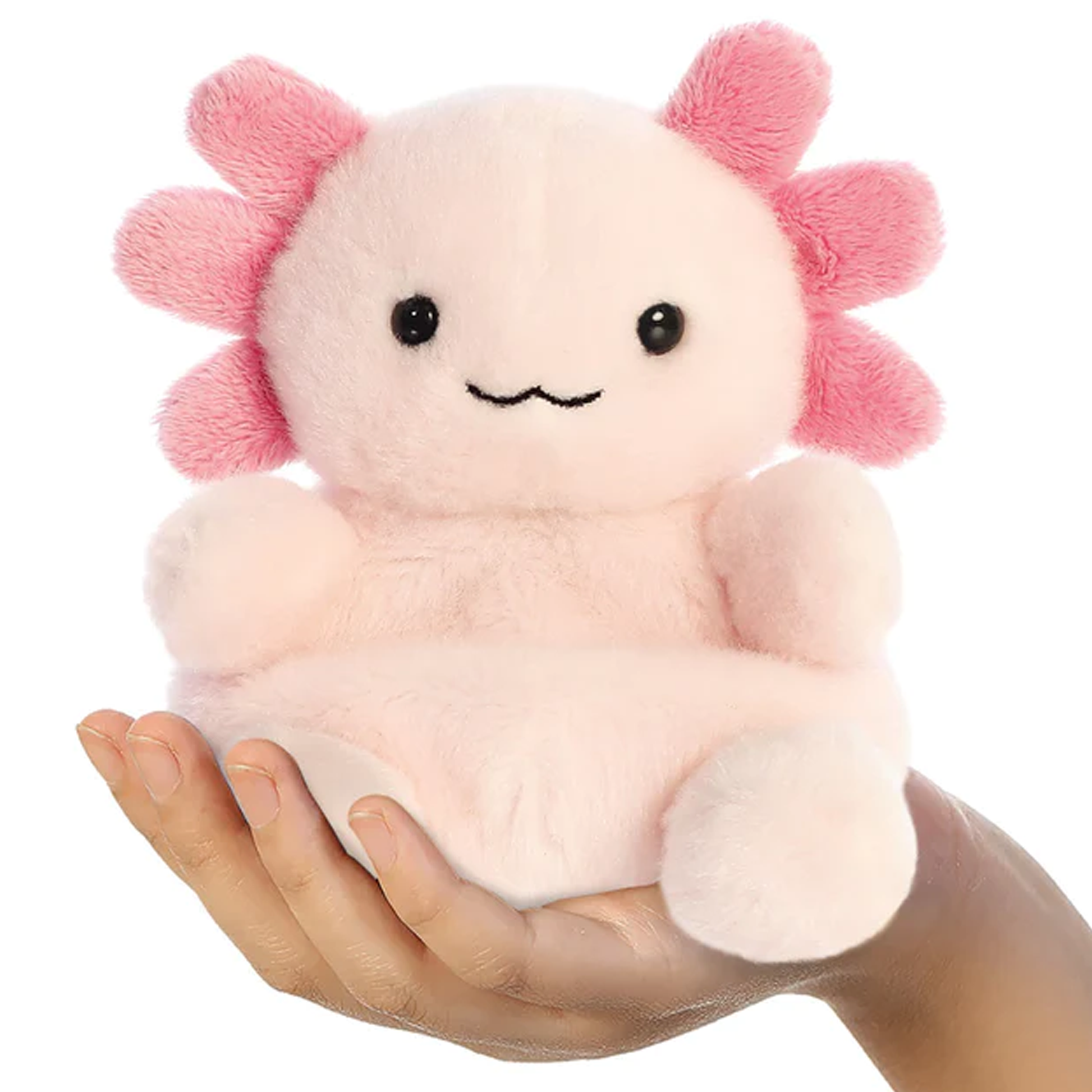Arwen the Axolotl Palm Pal Soft Toy in a Person's Hand | Happy Piranha