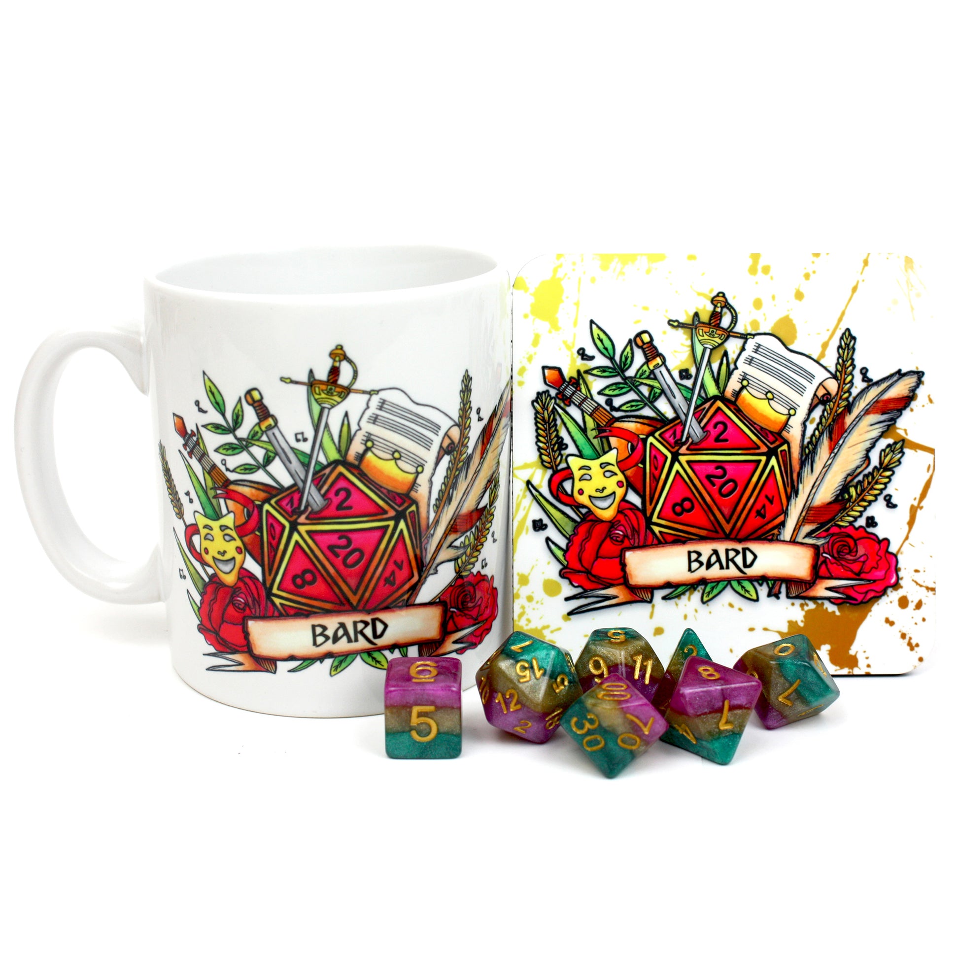 Dungeons and Dragons (DnD) Customisable Class Dice Mug & Coaster Set (Bard) | Happy Piranha