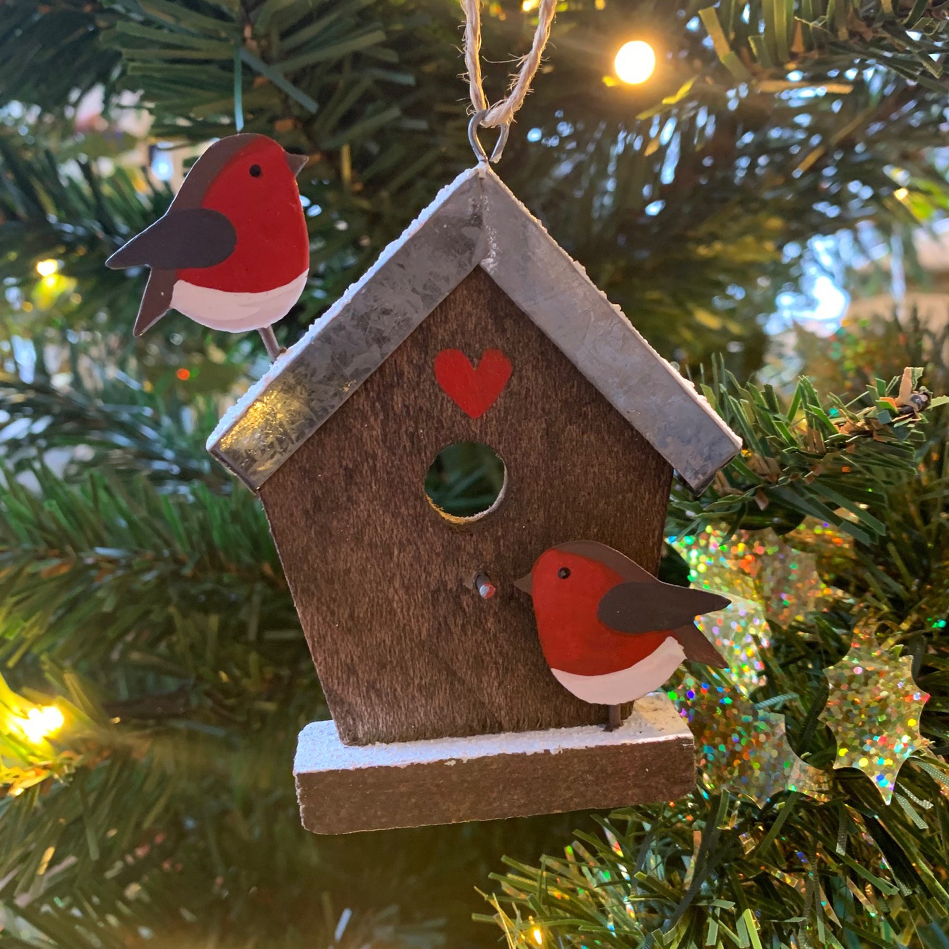 Birdhouse Robins Hanging Christmas Decoration on a Christmas Tree  | Happy Piranha