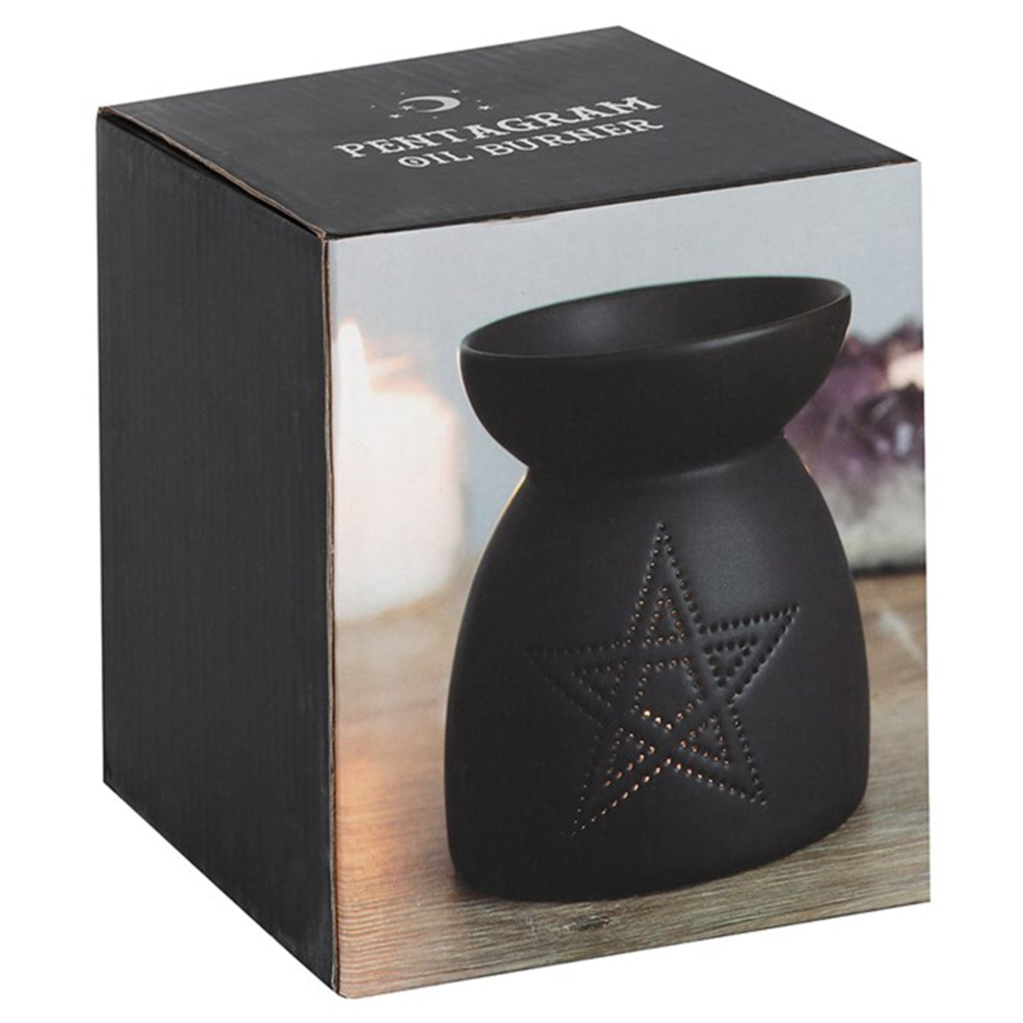 Black Pentagram Cut Out Oil Burner and Wax Melt Warmer in its Packaging | Happy Piranha