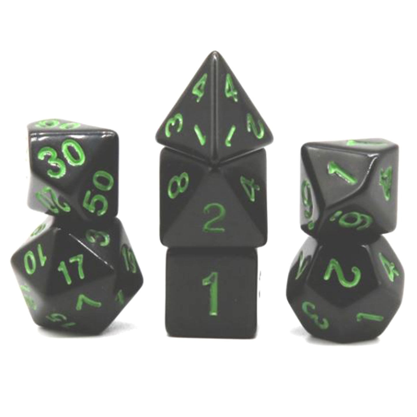 Mosserlite - Green Number Obsidian Poly Dice Set | Happy Piranha