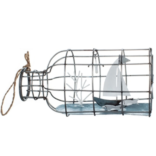 Boat in Wire Bottle Metal and Wood Ornament | Happy Piranha