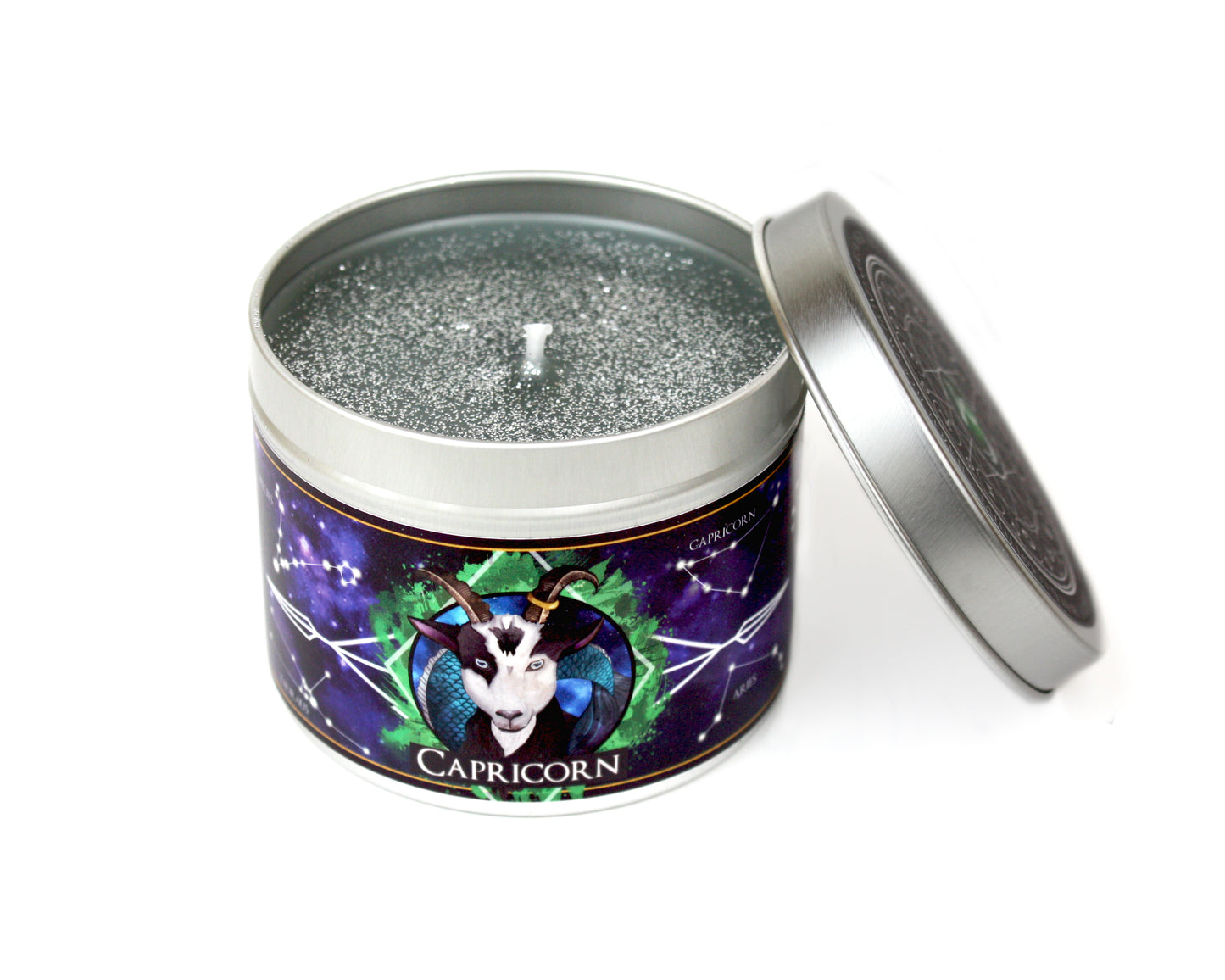 Capricorn zodiac horoscope candle with lid off and grey wax