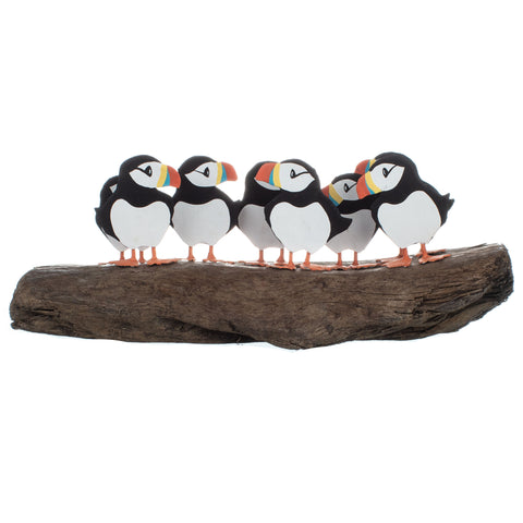 Puffin Party Metal and Driftwood Ornament | Happy Piranha