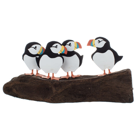 Circus of Four Puffins Metal and Driftwood Ornament | Happy Piranha