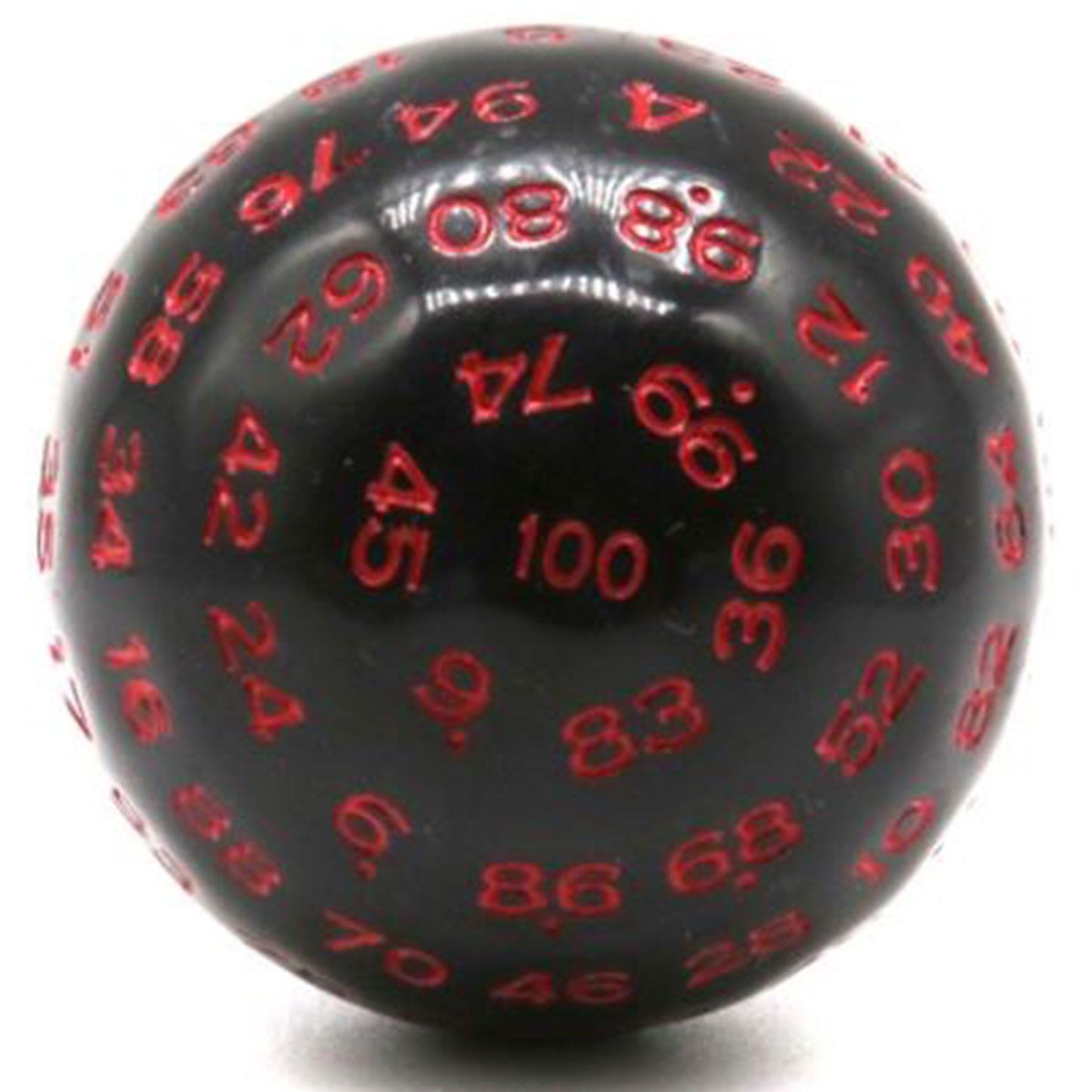 D100 One Hundred Sided Dice - Black with Red Numbers | Happy Piranha