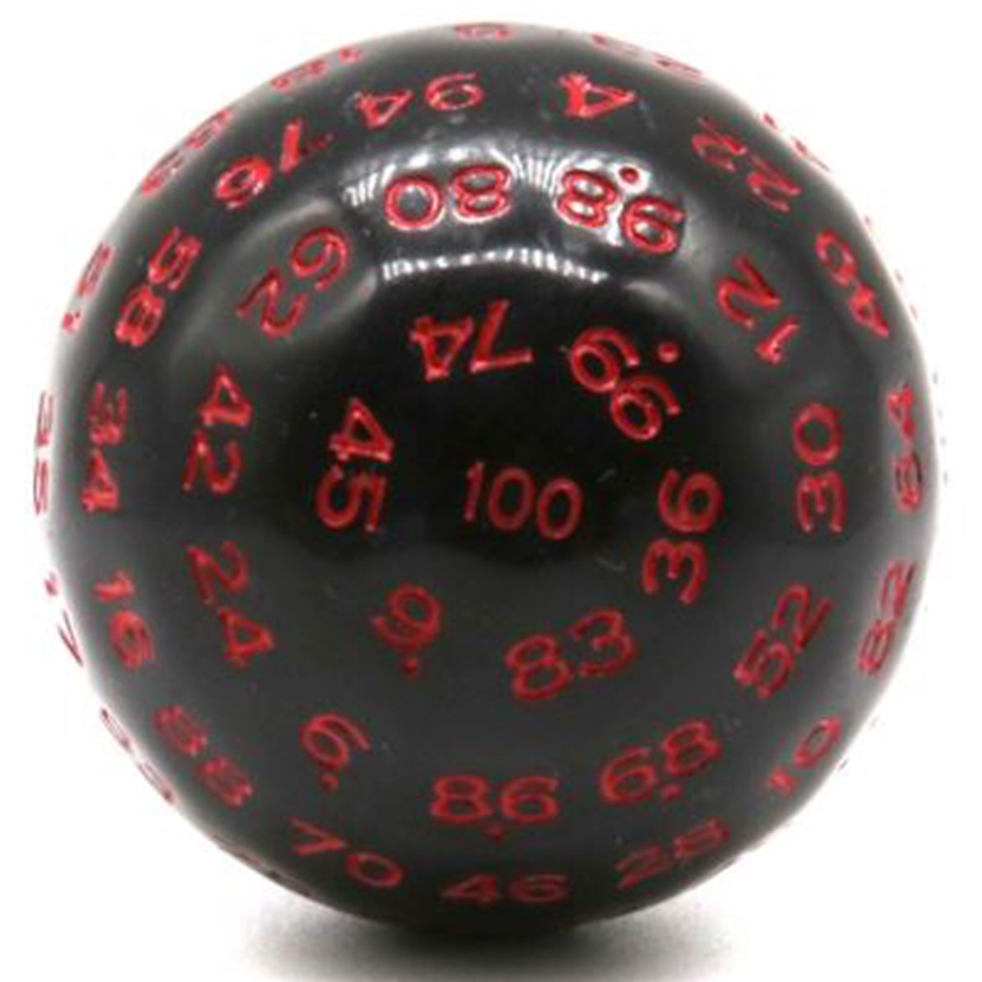 D100 One Hundred Sided Dice - Black with Red Numbers | Happy Piranha