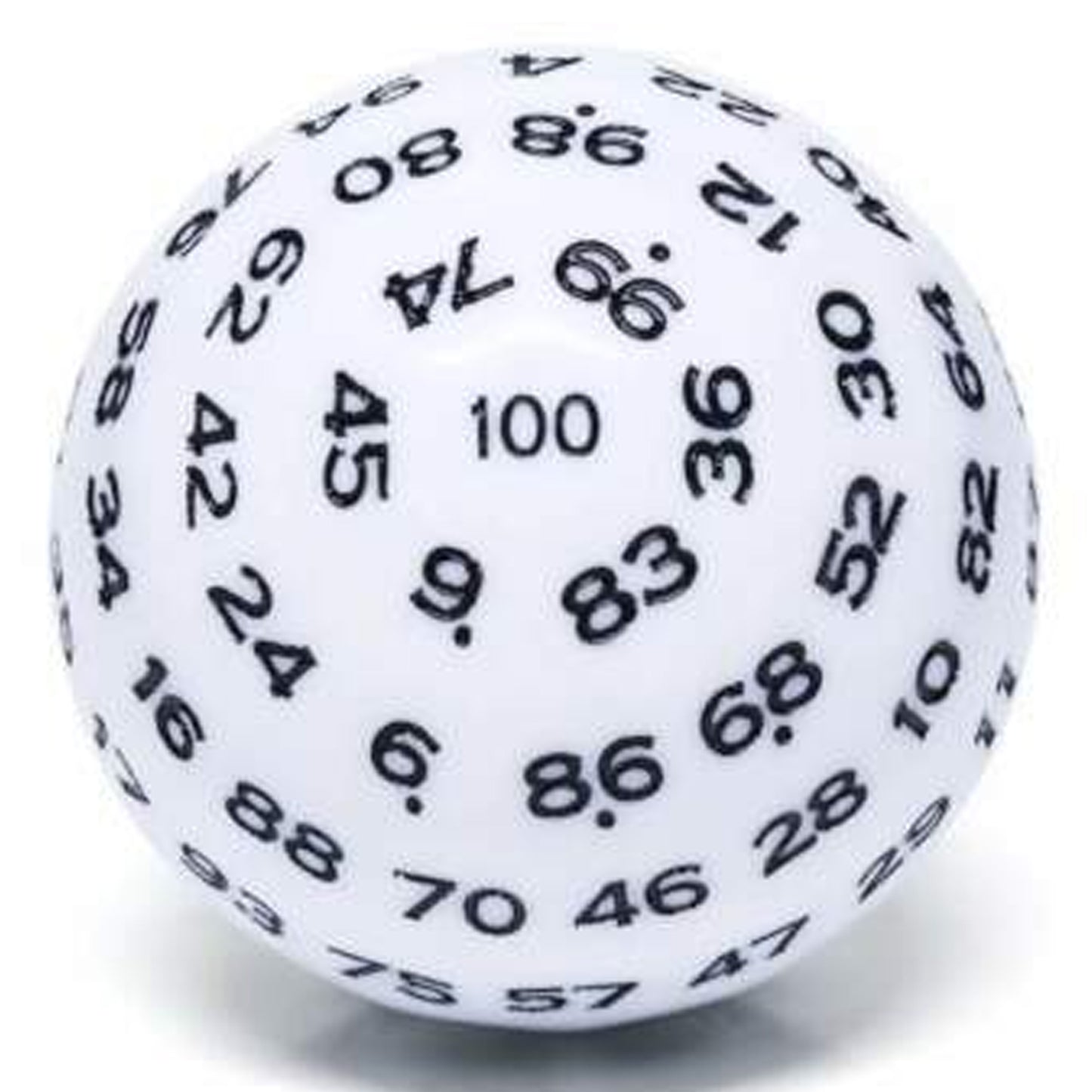 D100 One Hundred Sided Dice - White with Black Numbers | Happy Piranha