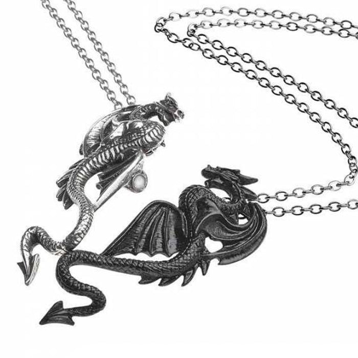 Draconic Tryst: Pewter Dragons Friendship Pendant on Separate Chains | Happy Piranha