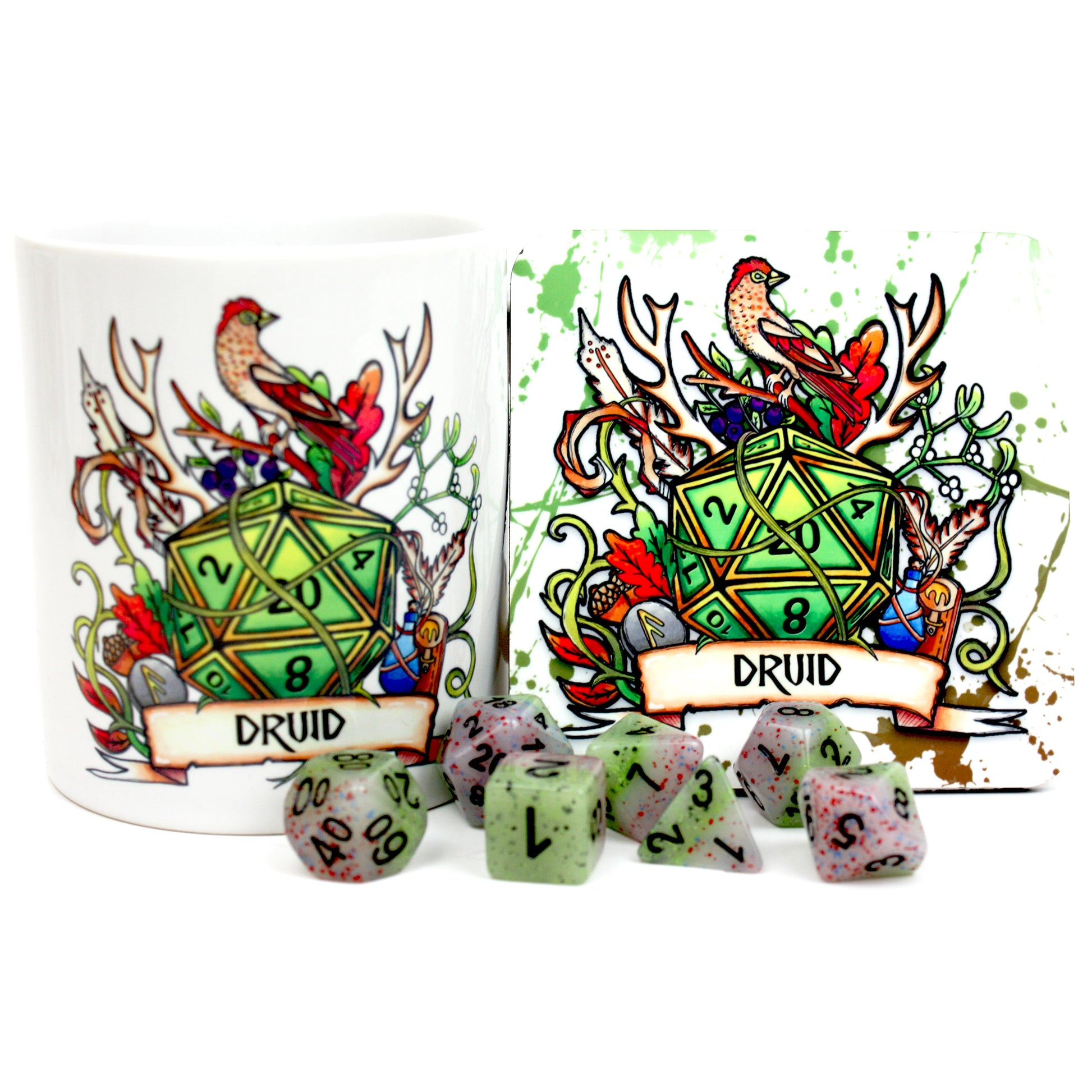 Dungeons and Dragons (DnD) Customisable Class Dice Mug & Coaster Set (Druid) | Happy Piranha