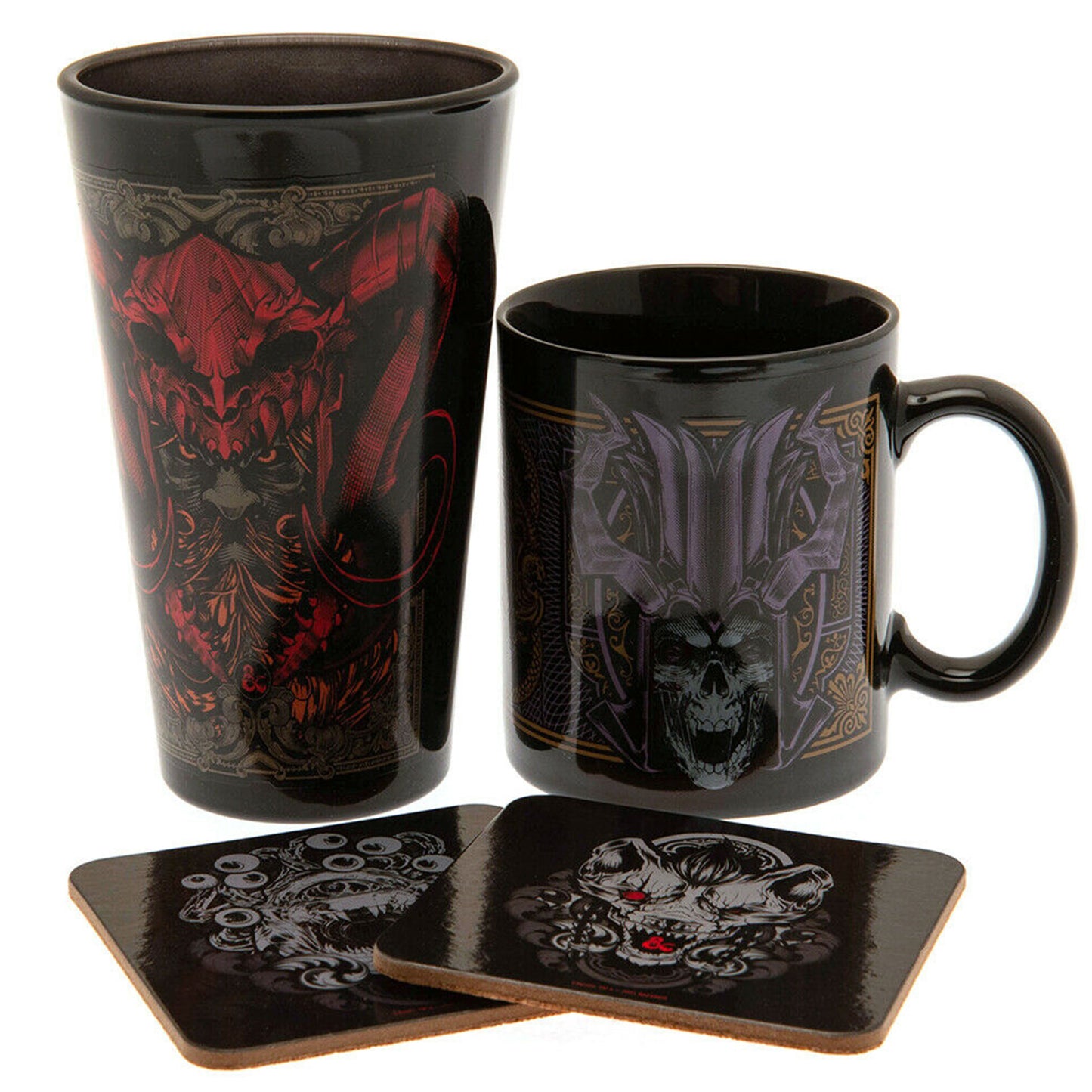 Dungeons and Dragons (DnD) Mug, Glass & Coasters Gift Set Contents | Happy Piranha