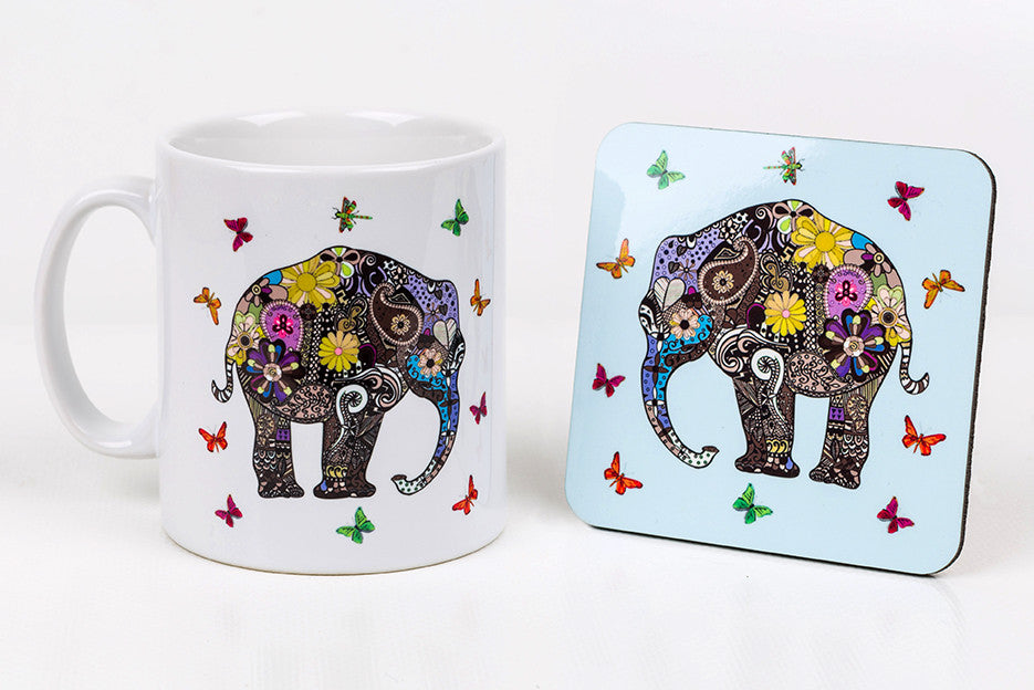 Henna art elephant mug and coaster by Happy Piranha