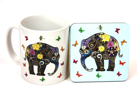 Henna art elephant mug and blue coaster by Happy Piranha