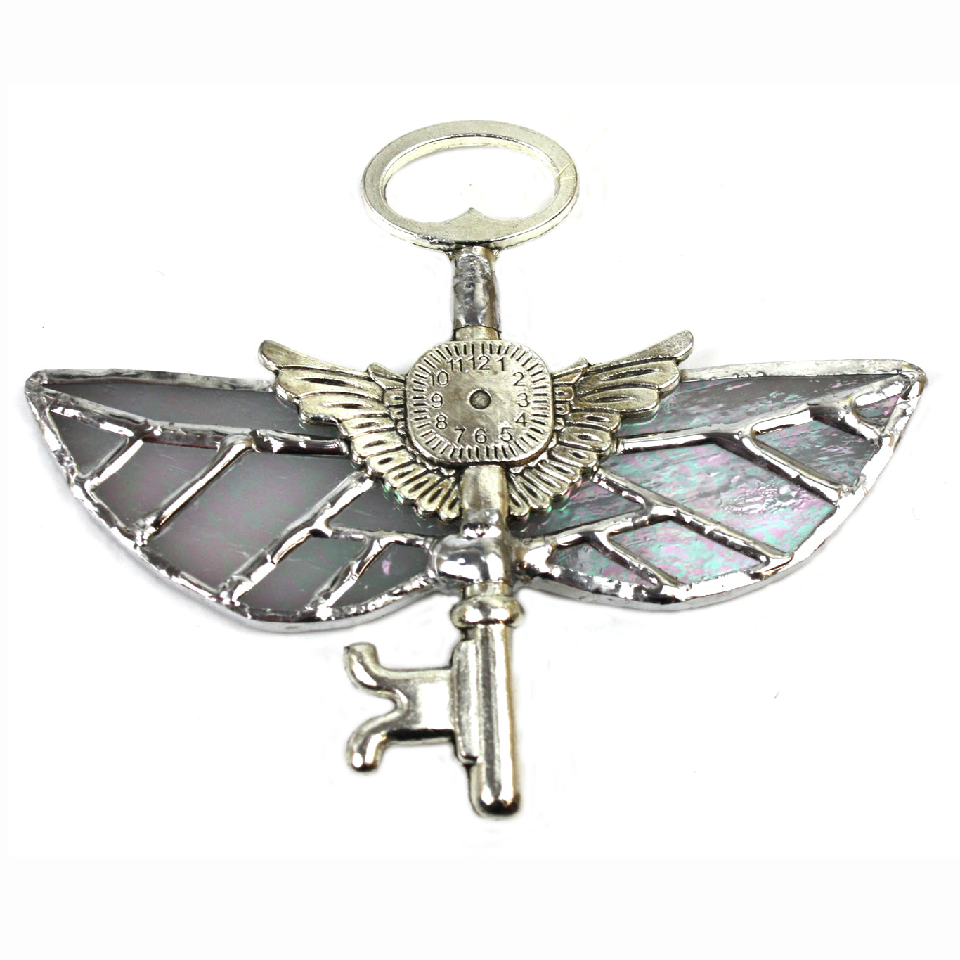 Hand Cut Glass Magic Flying Key decoration, silver with grey leafy wings | Happy Piranha