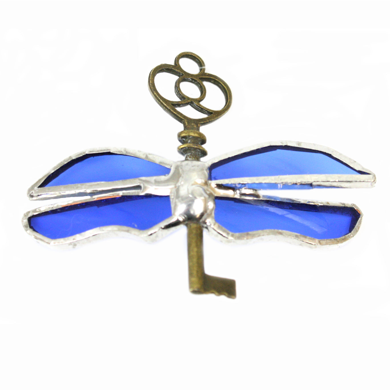 Hand Cut Glass Magic Flying Key decoration, bronze with blue wings | Happy Piranha