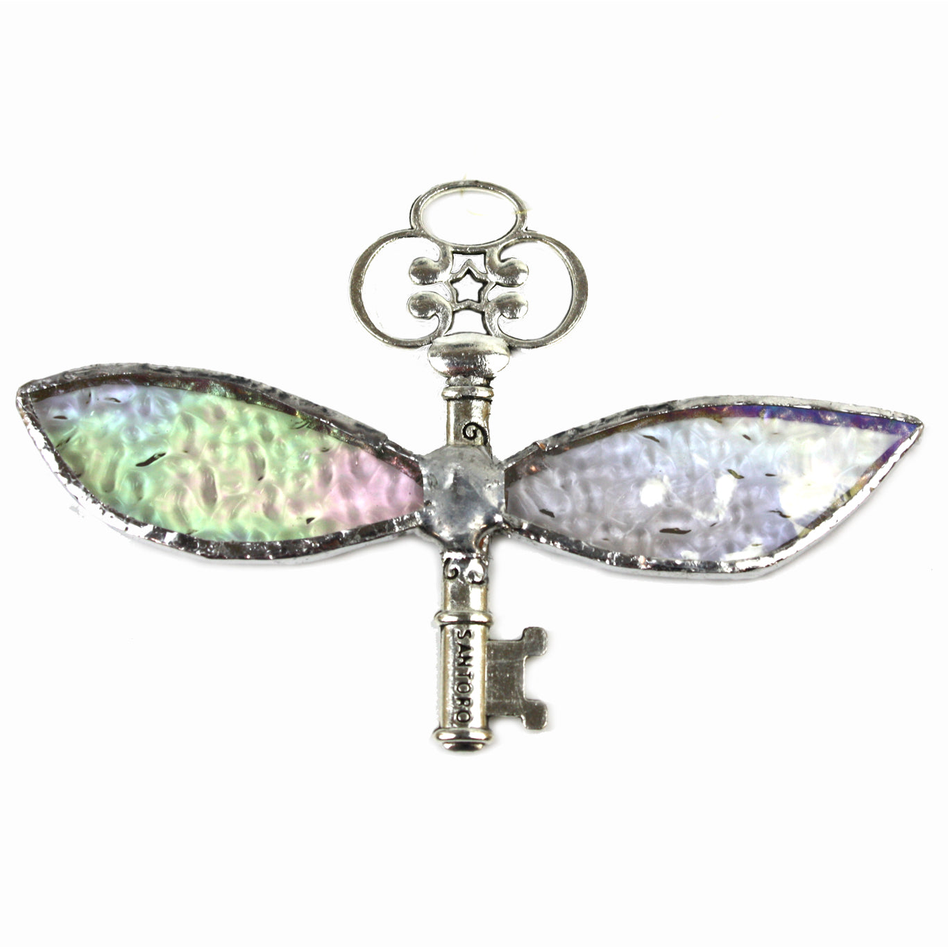 Hand Cut Glass Magic Flying Key decoration, silver with frosted wings | Happy Piranha