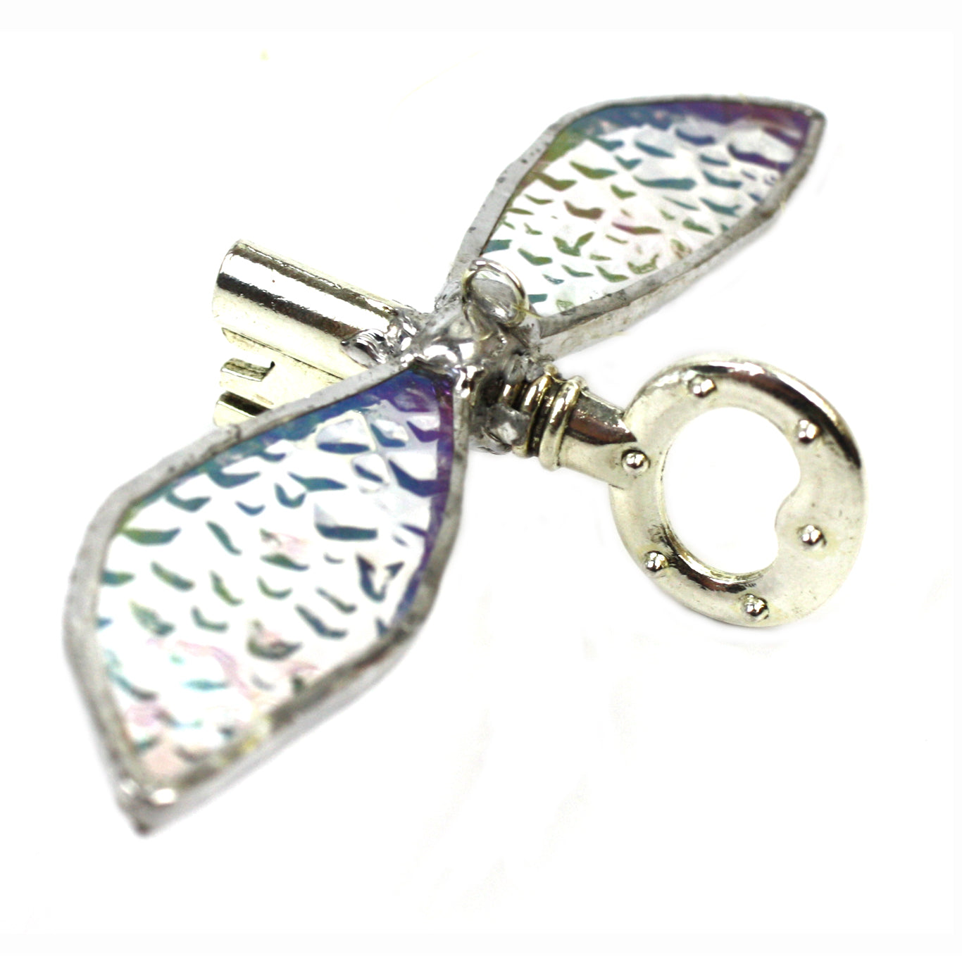 Hand Cut Glass Magic Flying Key decoration, silver with white wings | Happy Piranha