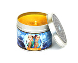 Gemini zodiac candle, yellow wax, lemon mint and honeysuckle scent.