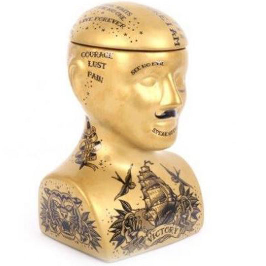 Large Gold Tattoo Phrenology Head Storage Jar | Happy Piranha