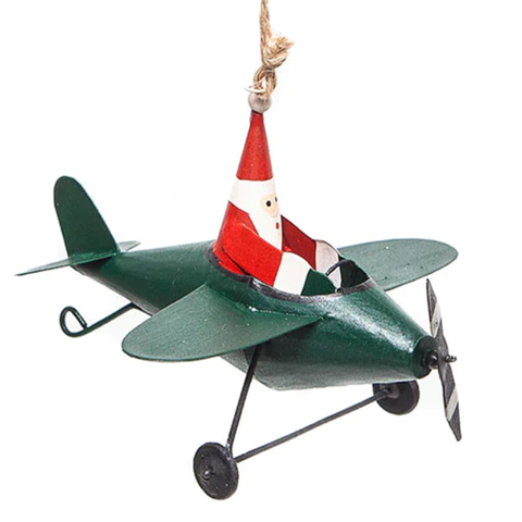 Santa in a Green Aeroplane: Hanging Christmas Decoration | Happy Piranha