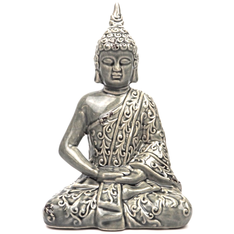 Grey Ceramic Crackled Buddha Statue Decoration | Happy Piranha