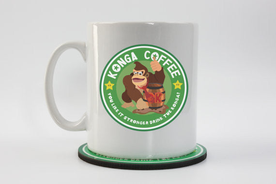 Happy Piranha;s Konga coffee mug on coaster, inspired by Donkey Kong
