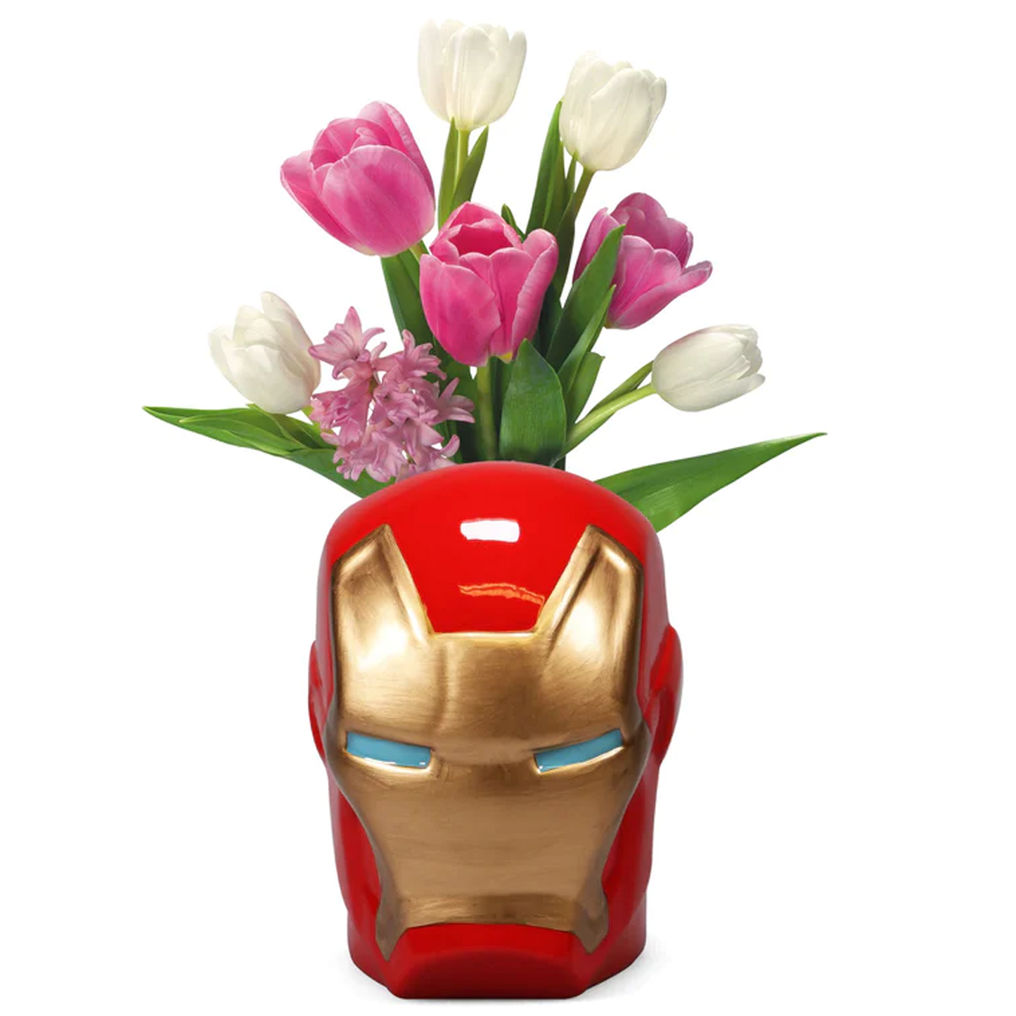 Marvel Iron Man Ceramic Wall Vase / Storage Organiser With Pink and White Tulip Flowers in | Happy Piranha