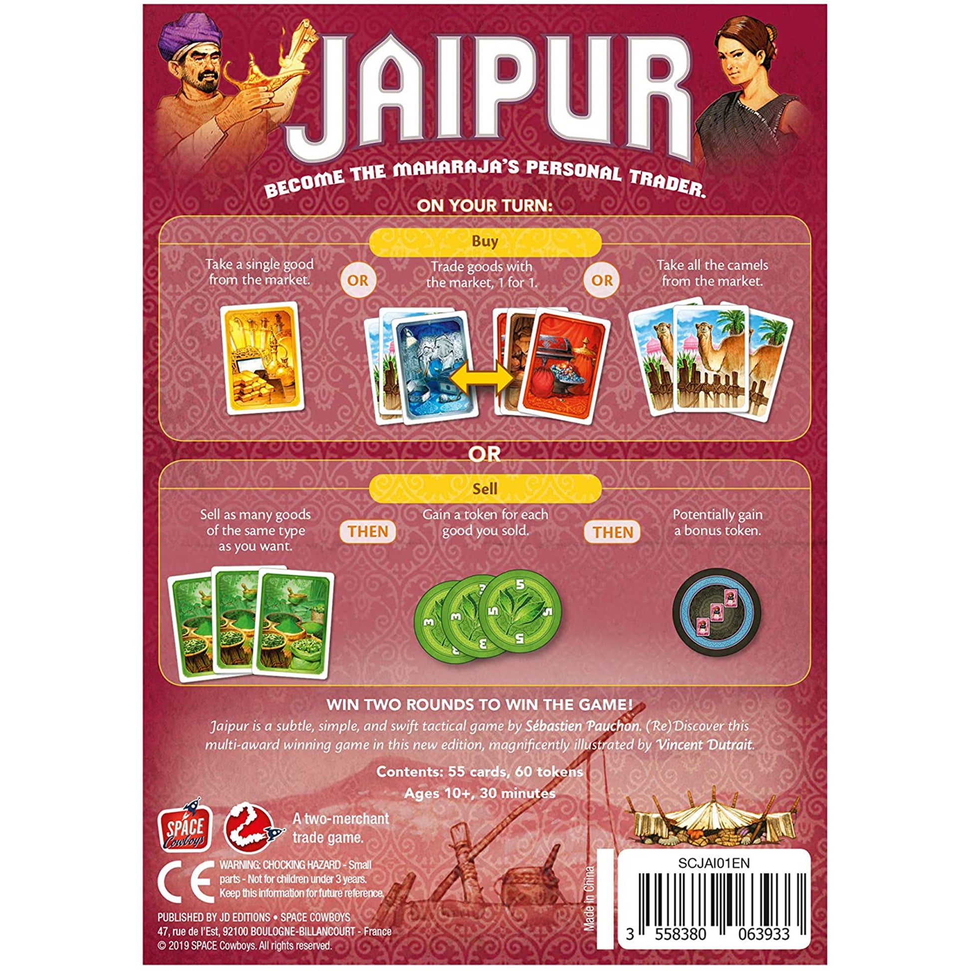 Jaipur (Second Edition) Board Game Back of Box | Happy Piranha