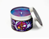 Libra constellations cented candle with lid off and blue wax.