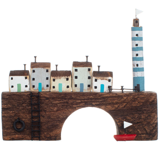 Blue Lighthouse & Village on Bridge Wooden Coastal Ornament | Happy Piranha