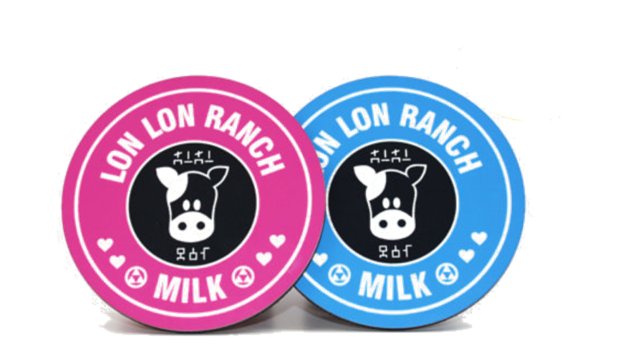 A blue and pink lon lon ranch zelda inspired coaster by Happy Piranha