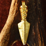 Manx Gungnir Odin's Spear Pewter Viking Pendant (Gold Plated) on Some Wood  | Happy Piranha