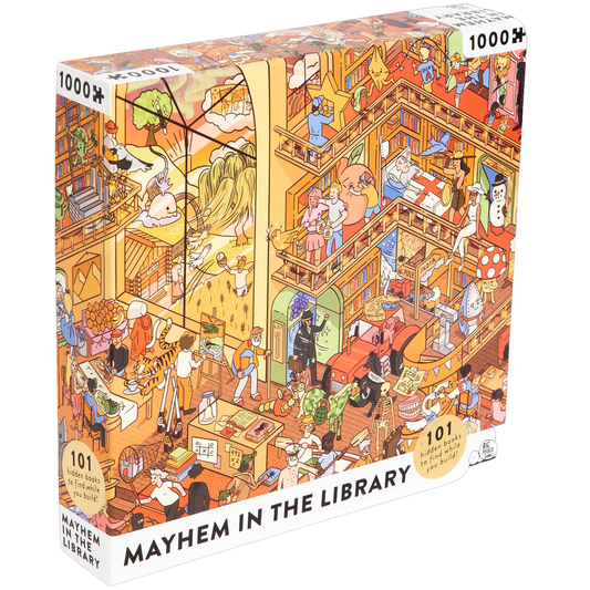 Mayhem in the Library 1000 Piece Riddle Jigsaw Puzzle | Happy Piranha